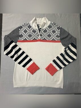 Neve Quarter Zip Sweater Large Cotton Wool Blend Snowflake Nordic Striped Mixed